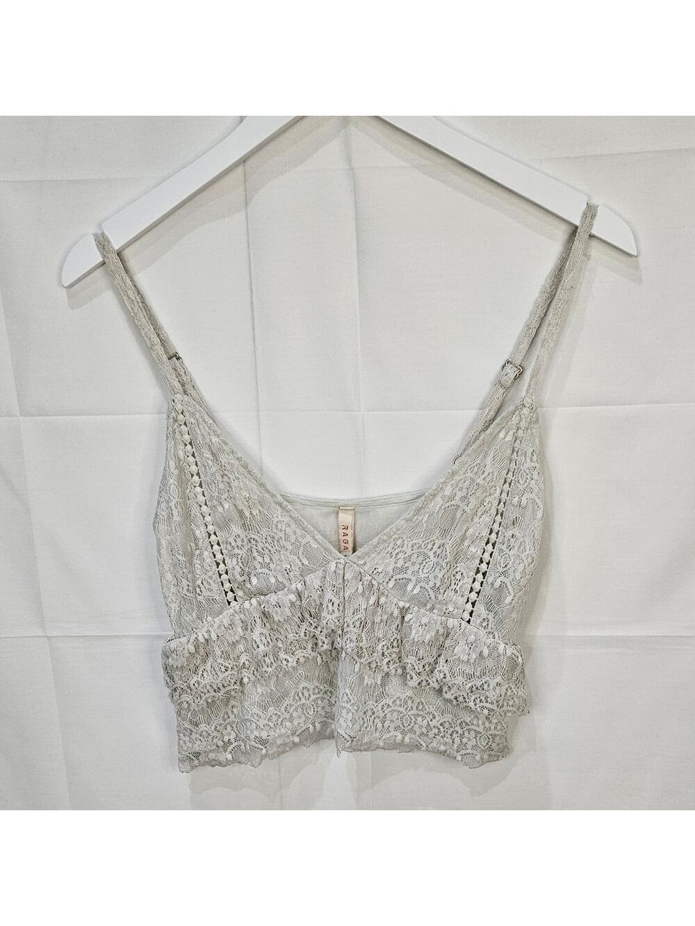 Raga Logan [Sample] Lace Sheer Ruffle Crop Tank Top Ivory Small